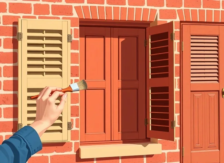 Mise en peinture au pinceau de volets et d'encadrements en bois