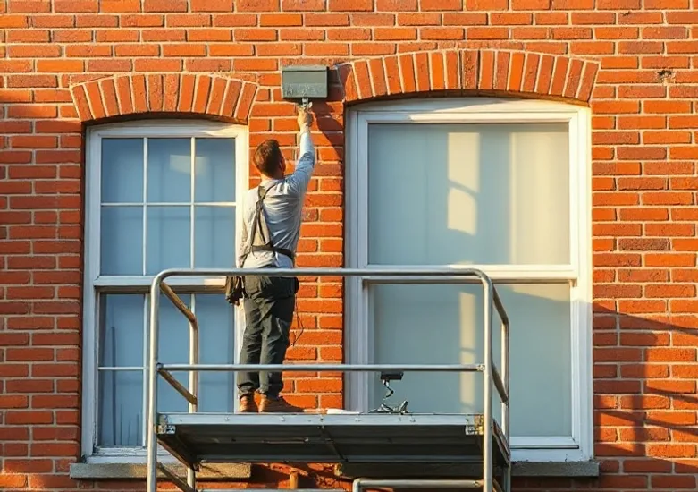 Peintre sur échafaudage traitant la façade d'une maison
